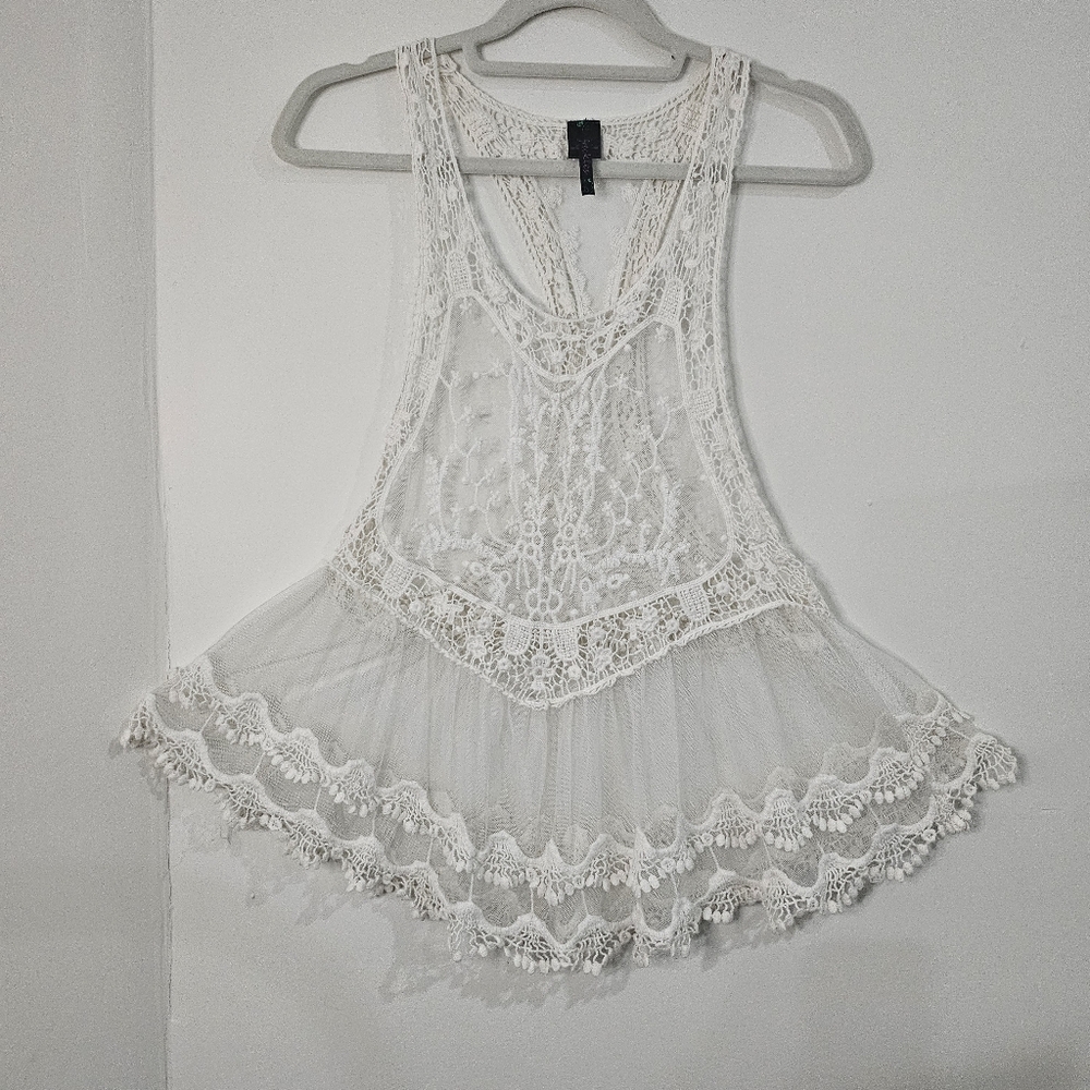 Off White Crochet Mesh Fairy Core Tank Top Size M Boho Cottage Core Feminine Fox